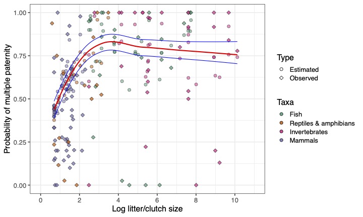 Estimated frequency of multiple paternity across litter or broos sizes ranging from 2 to log(10) for a variety of species across four taxa